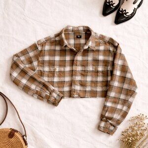Brown and Cream Plaid Crop Flannel